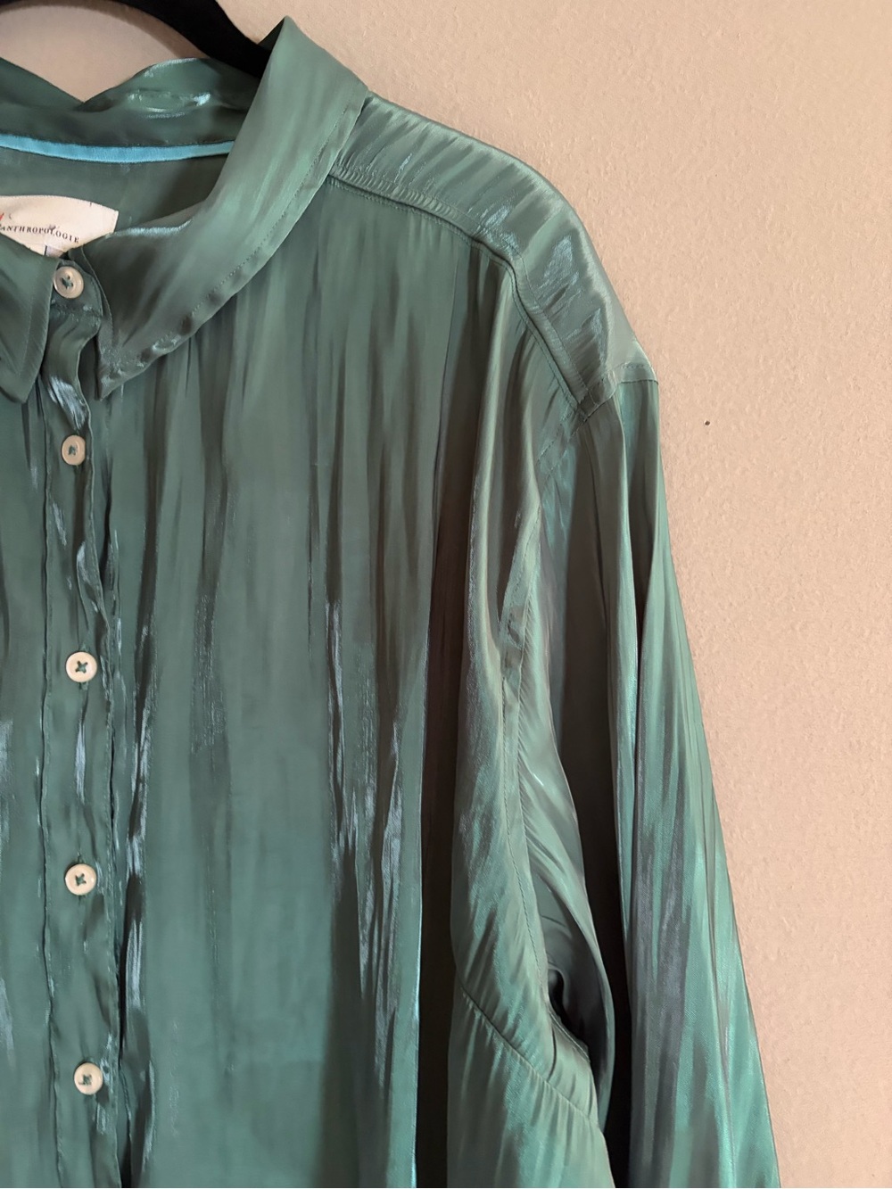 Button-Front Satin Blouse in Teal - Picture 4 of 13